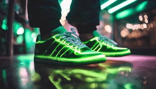 A pair of trendy sneakers illuminated by neon green light.