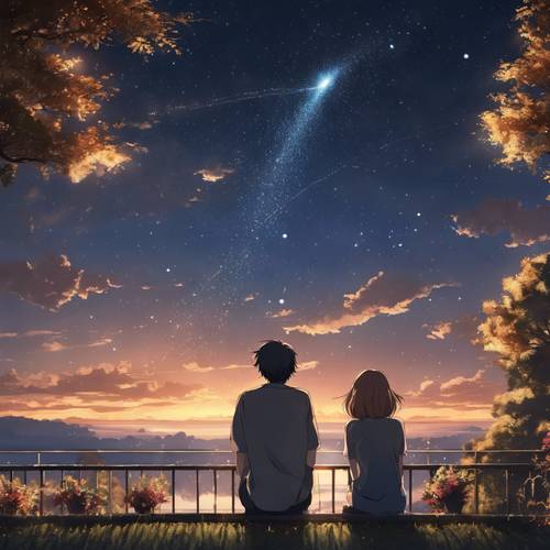 Un couple d&#39;anime frappé par les étoiles regardant une éblouissante pluie de comètes.