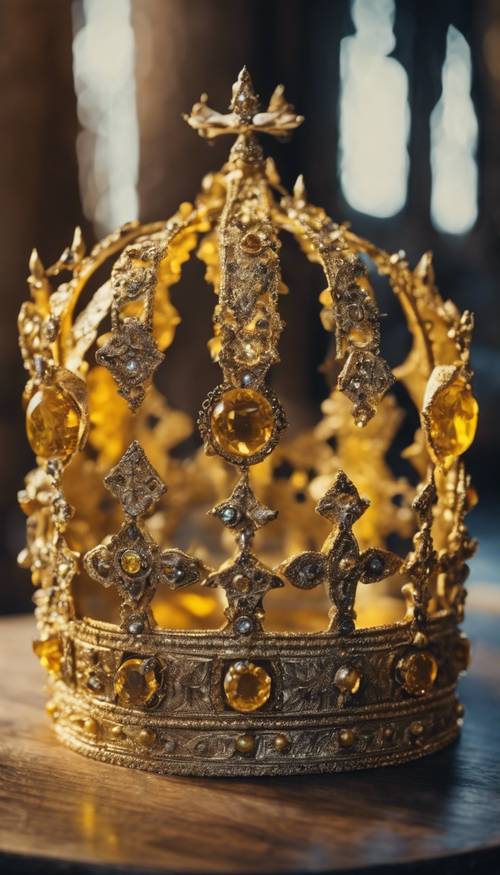 Uma opulenta coroa de ouro adornada com topázio amarelo em um cenário medieval.