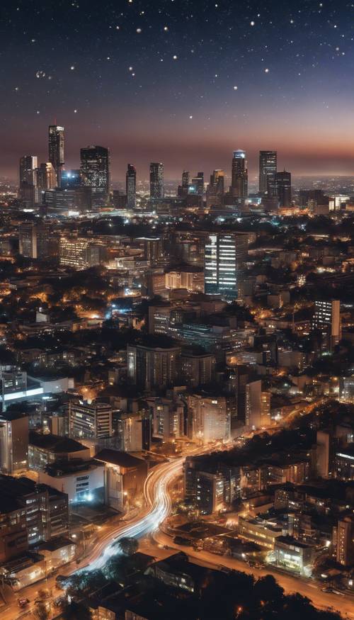 Malownicza panorama Johannesburga nocą, mieniąca się pod rozgwieżdżonym niebem.