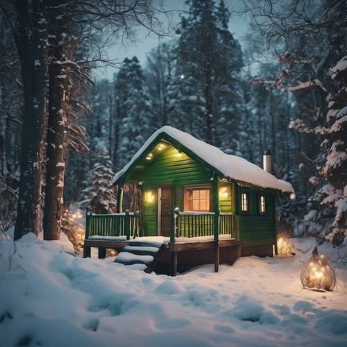 Sebuah kabin kecil berwarna hijau yang tertutup salju di tengah hutan dengan lampu Natal.