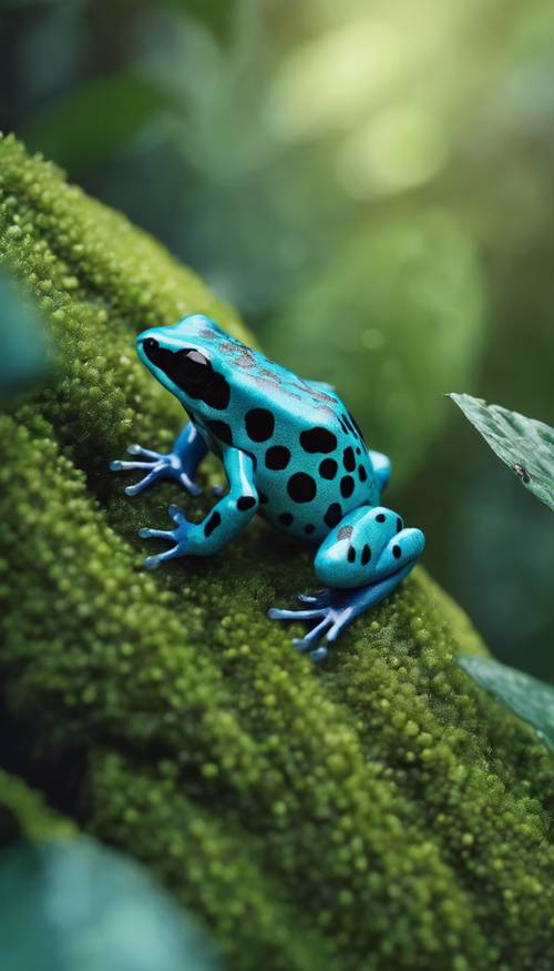 A solitary, beautiful, turquoise-blue poison dart frog in the middle of a dense rainforest.