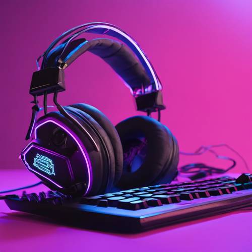 Headphone gaming hitam dan ungu bertumpu pada keyboard, sedikit diterangi oleh lampu monitor.