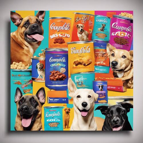 Poster iklan antik yang menampilkan berbagai jenis anjing yang mempromosikan makanan hewan, ditata dengan estetika Pop Art yang cerah dan berani.