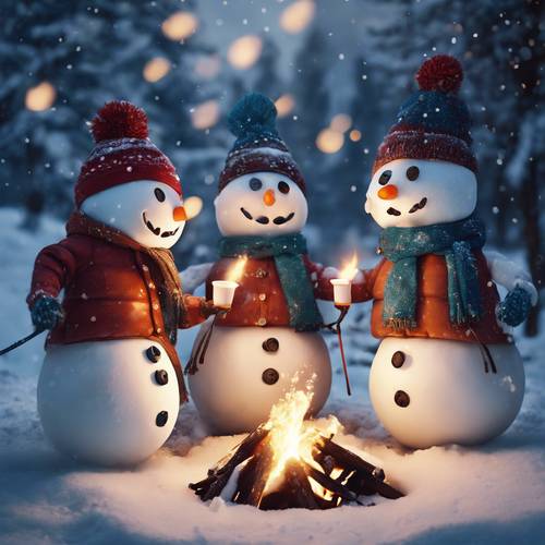 Una famiglia di pupazzi di neve che ride e abbrustolisce i marshmallow sul fuoco nella nevosa notte di Capodanno.