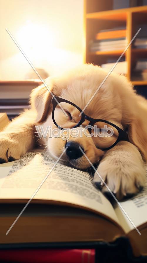 Chú chó con buồn ngủ đeo kính trên sách