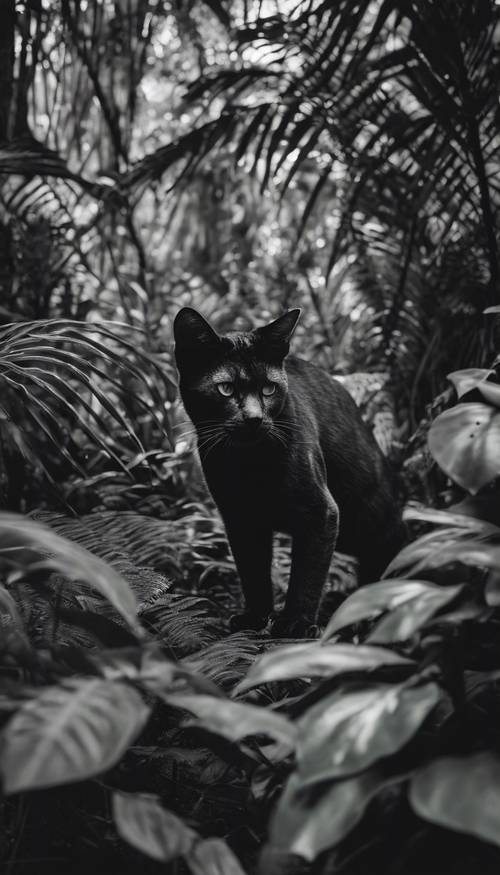 An old-fashioned monochromatic image of a lush jungle with a wild cat lurking in the shadows.