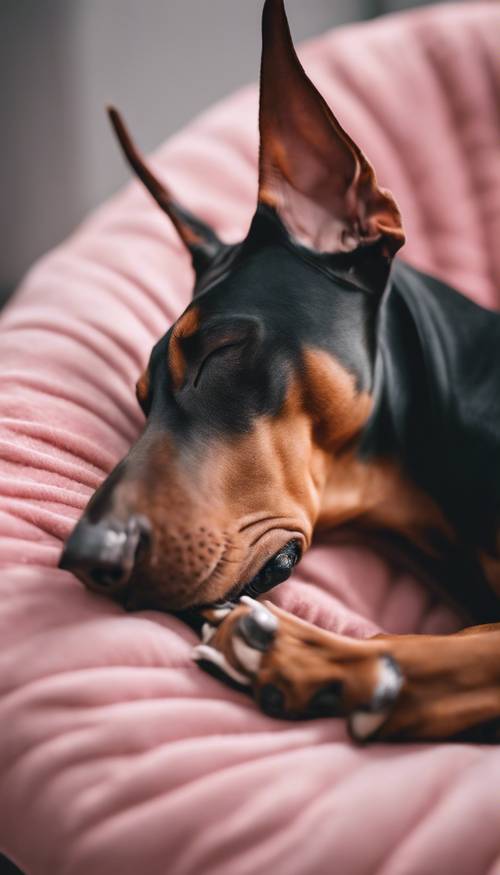 Um pacífico Doberman Pinscher rosa dormindo profundamente em uma confortável cama de cachorro.