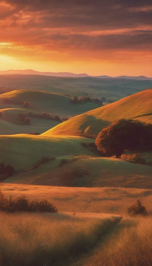 A landscape showcasing rolling hills under a blazing sunset in an old-fashioned, classic painting style.