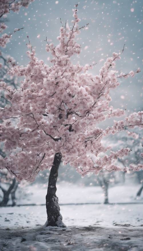 Uma cerejeira solitária em flor no meio de uma paisagem nevada, soprando um vento fresco.
