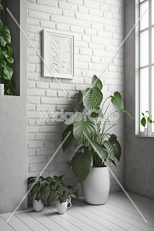 Green Plants and White Brick Wall