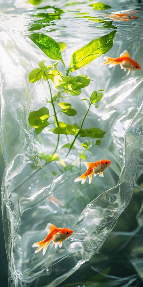 Poissons brillants et feuilles vertes au soleil