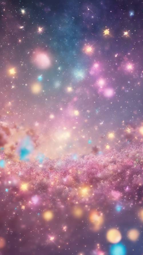 Galaksi lucu dengan warna-warna cerah dan pastel yang dipadukan dengan bintang-bintang yang berkilauan.