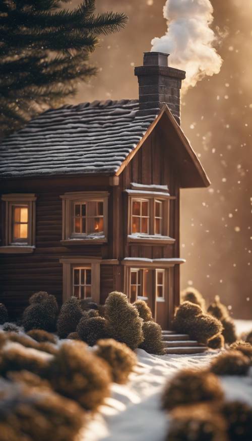 Christmas scene featuring a charming small brown cottage in the countryside with smoke swirling from the chimney.