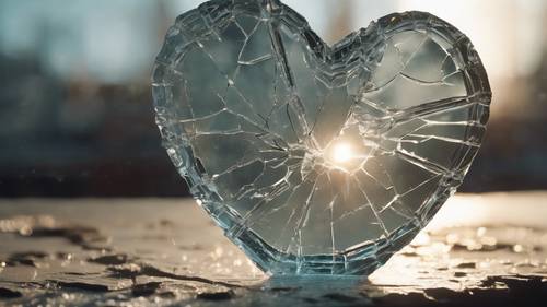 A shattered glass heart with radiant light shining through the cracks.