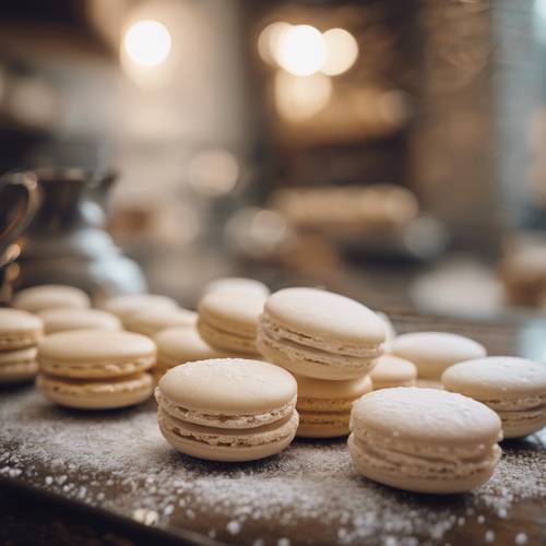 Inside a rustic bakery, there is a tray full of freshly baked, cream-colored macarons, each lightly dusted with powdered sugar. Tapeta [f7bfa777a7c2478281d6]