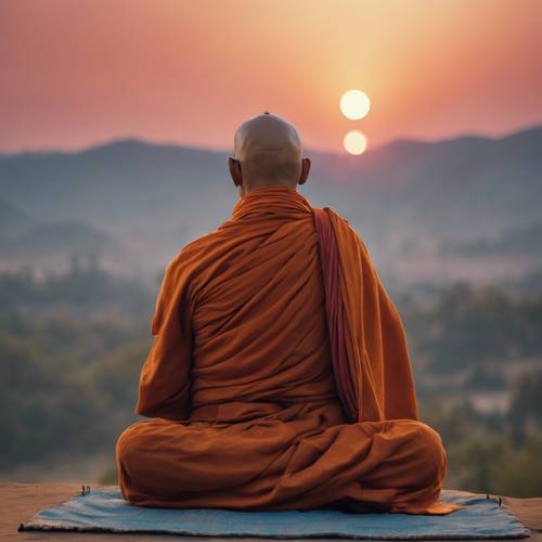 Ein friedlicher Mönch meditiert unter den beruhigenden Farben eines mystischen Sonnenuntergangs im Himalaya.