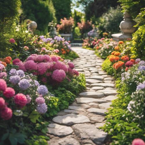 Urocza kamienna ścieżka wijąca się przez bujny ogród pełen letnich kwiatów.
