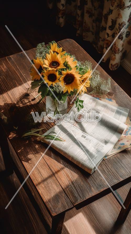 报纸旁边的桌子上的向日葵花束