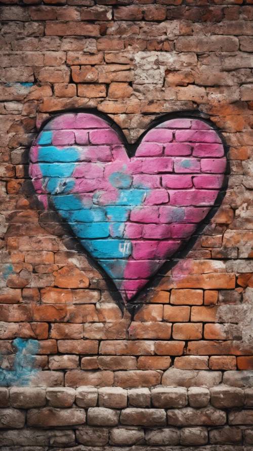 A flamboyant graffiti-style heart painted on an aged brick wall in an urban setting.