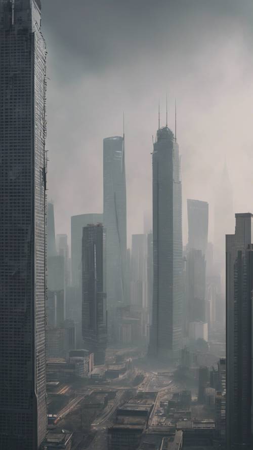 Skyscrapers in a big city covered with gray smog, signaling a warning for environmental impact.