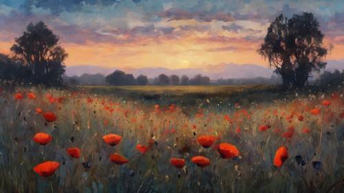 An oil painting of a meadow at dusk, dappled with the silhouettes of obsidian poppies.