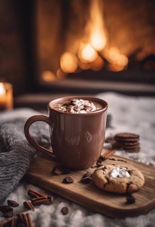 Una escena acogedora de una taza de chocolate caliente con una galleta flotando encima, junto a un fuego cálido.
