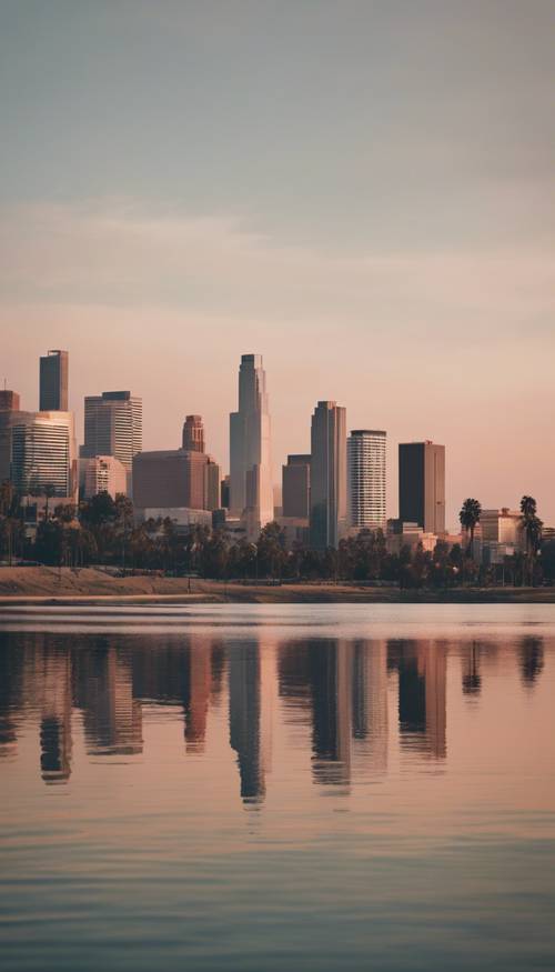 Pemandangan cakrawala kota Los Angeles saat matahari terbit dilihat dari Echo Park Lake. Wallpaper [a6470a4cd6f1492eb5fb]