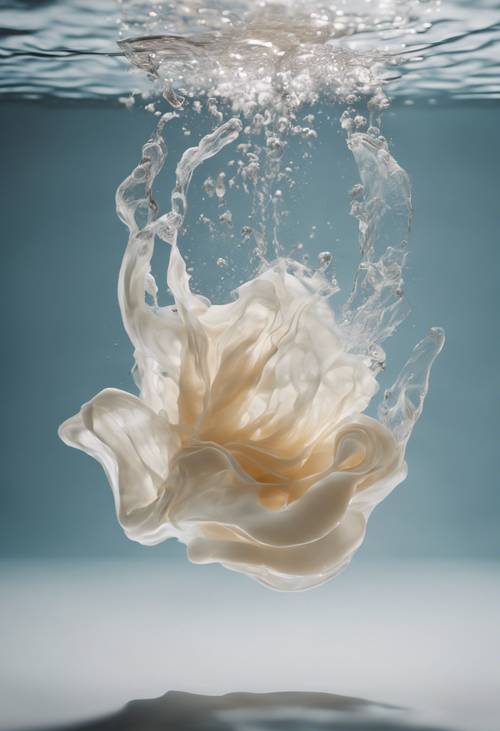 Un trozo de seda color crema flotando bajo agua clara, moviéndose con gracia con la corriente.