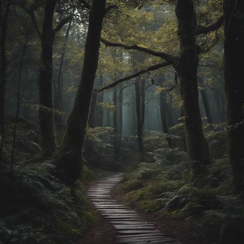 Um caminho não percorrido em uma floresta escura e misteriosa