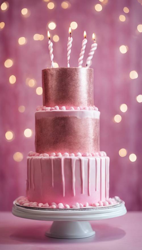 A three-tiered pink metallic cake with white icing at a birthday party.