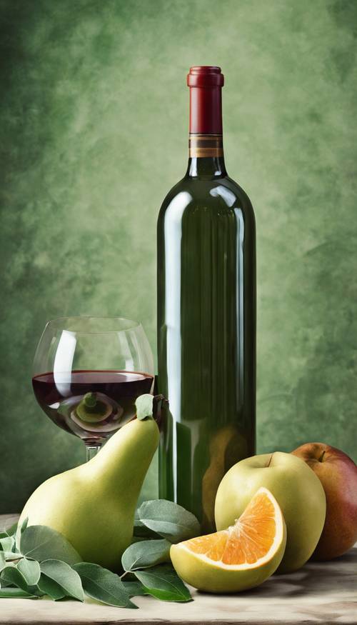 Un dipinto di natura morta di una bottiglia di vino e frutta, il tutto nei toni del verde salvia.