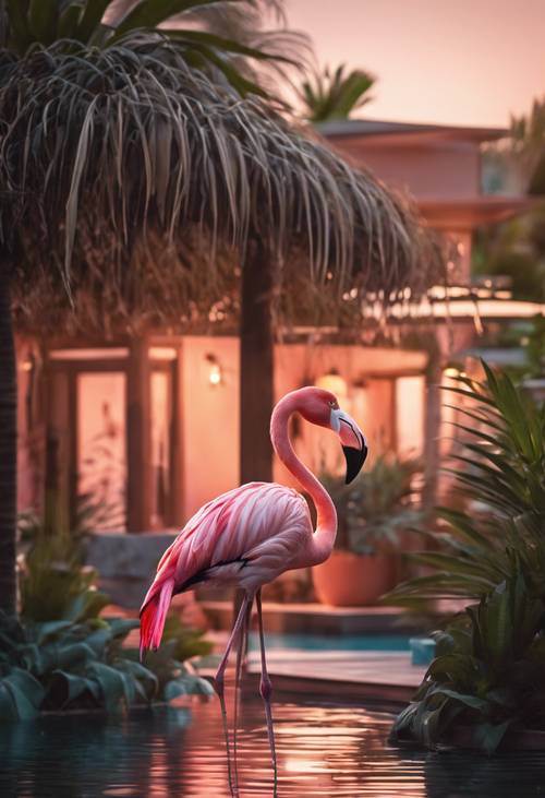 Şafak vakti sakin bir vahada saklanmış canlı bir flamingo.