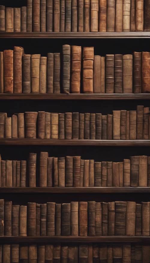 Uma prateleira cheia de livros velhos cobertos de couro marrom em uma biblioteca empoeirada.