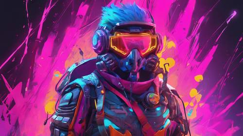 A vibrant skin of a popular game character in neon colors with flashy, detailed weapon and gear.