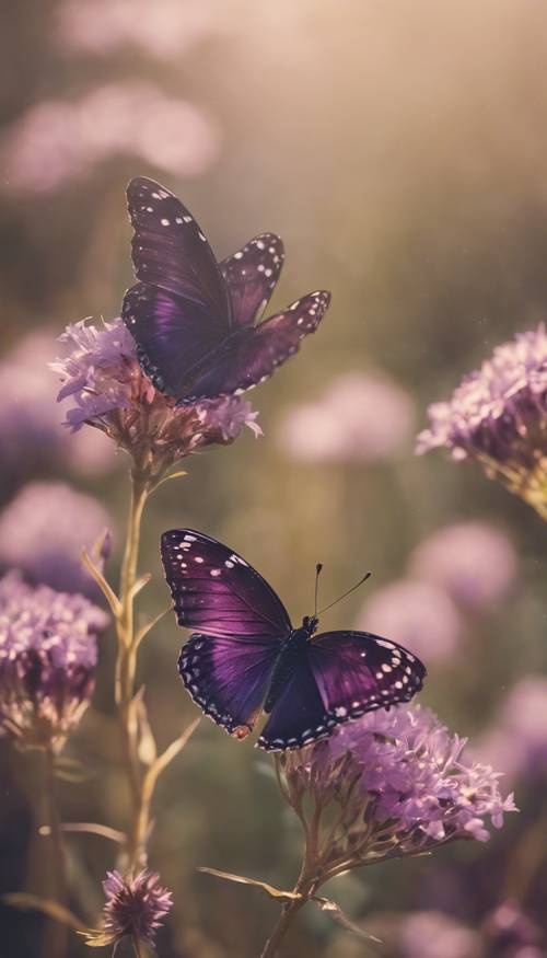 Sepasang kupu-kupu ungu tua yang penuh kasih melayang di atas bunga liar yang mekar penuh pada hari musim panas yang hangat