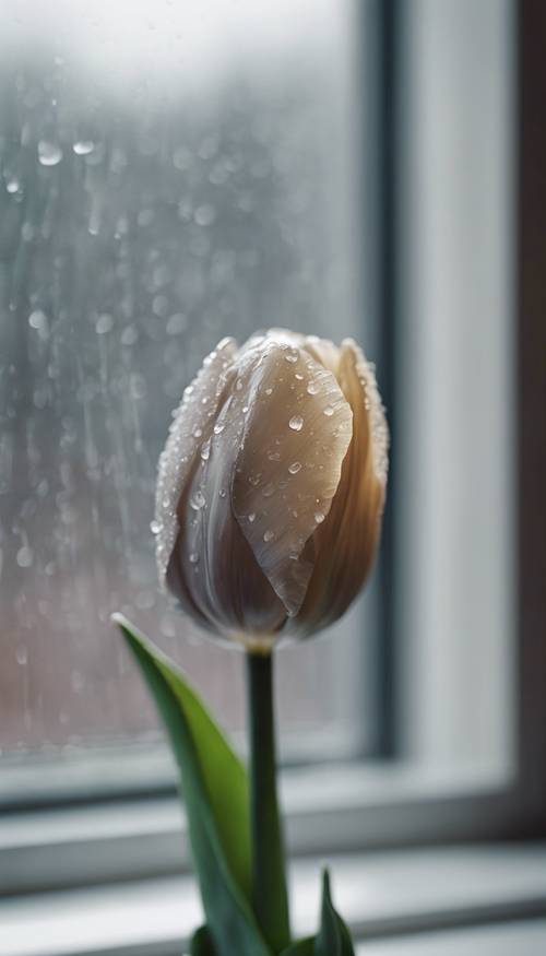 Uma única flor de uma tulipa cinza florescendo em um vaso no parapeito da janela durante um dia chuvoso.