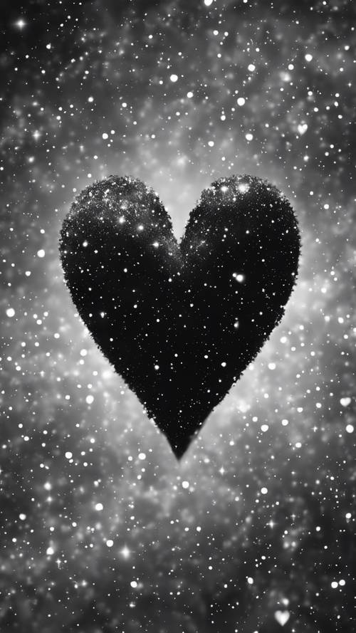 Visualizza un cuore bianco e nero combinati insieme, fluttuante in un cielo notturno stellato.