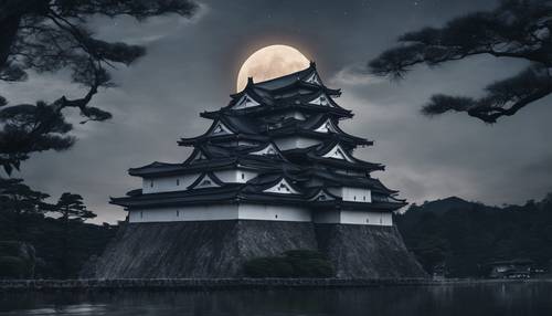 Kastil Jepang berwarna hitam di bawah cahaya bulan yang menakutkan.