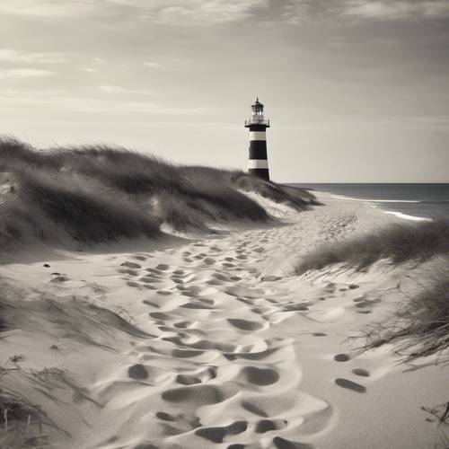 A monochrome image of a deserted beach with a lighthouse in the distance, framed in a vintage style.