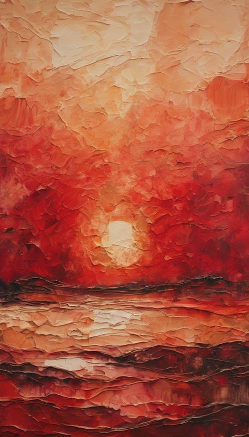 Abstrakcyjny obraz przedstawiający czerwony zachód słońca na płótnie w odcieniach beżu.