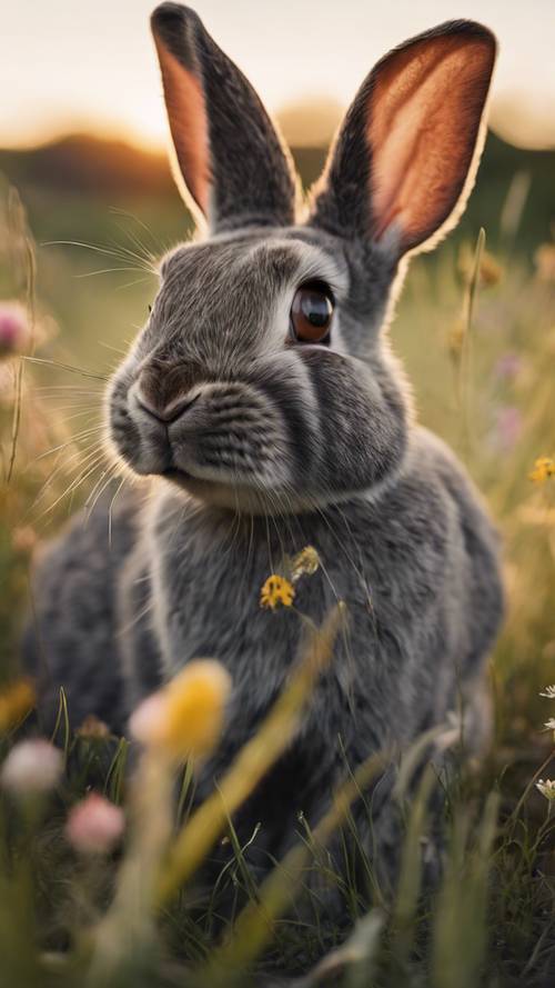 กระต่ายสีเทาชาร์โคลกำลังดูแลตัวเองท่ามกลางแสงอันนุ่มนวลของพระอาทิตย์ตกดิน ท่ามกลางหญ้าสูงและดอกไม้ป่าที่มีชีวิตชีวา