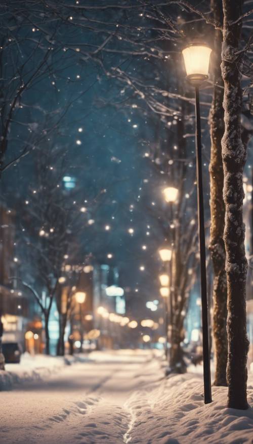 Un paraíso invernal iluminado por las suaves luces de la ciudad en la distancia.