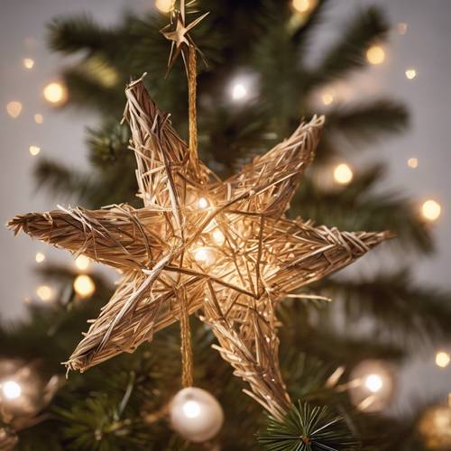 A rustic Christmas tree star made from straw, glinting in the soft tree light.