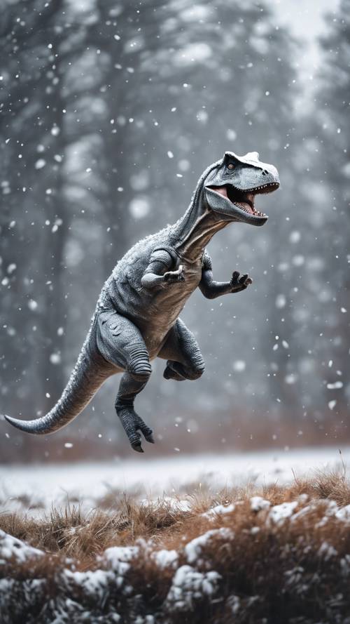 Un energico dinosauro grigio che salta di gioia ai primi fiocchi di neve dell&#39;inverno.