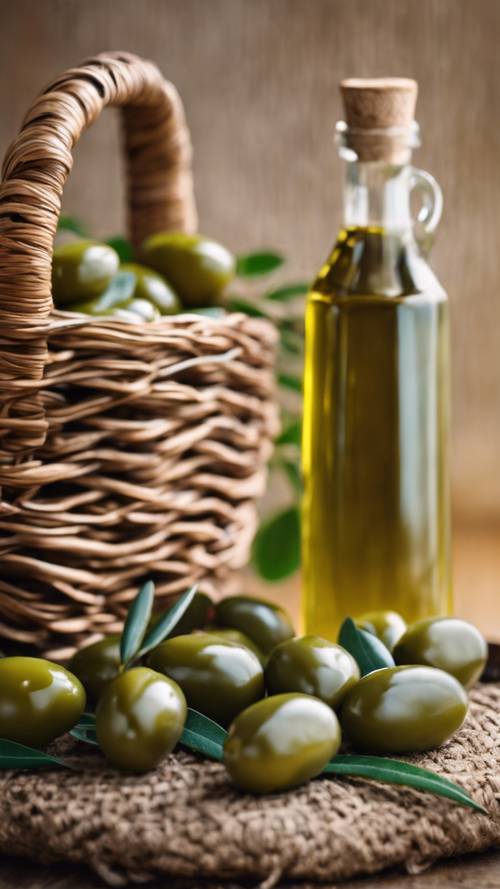 A bottle of deep green olive oil next to a basket of fresh olives. Tapeet [f09333bc77474b88a585]