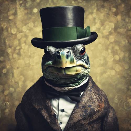 Neo Pop Art style portrait of a fashionable turtle wearing a monocle and a fancy top hat.
