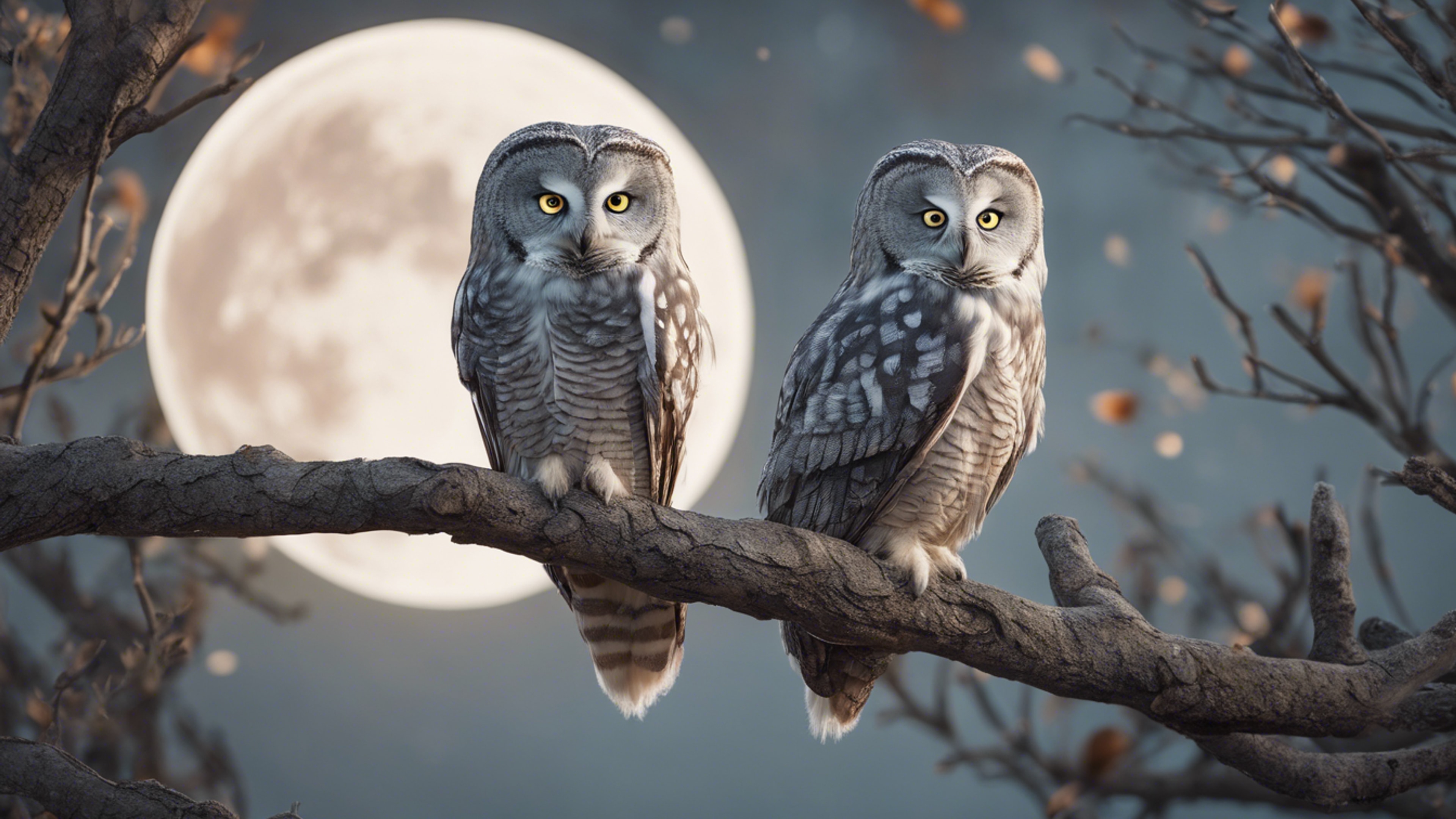 A cute, small grey and white owl perched on a tree branch, with a big, round moon in the background. Wallpaper[93ab64fcc33645f3a711]
