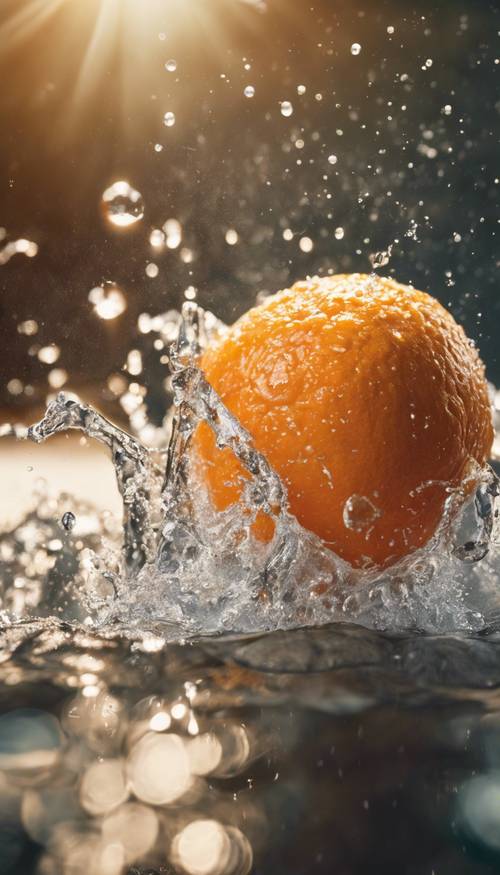 A close-up of a ripe, juicy orange splashed with water under sunlight