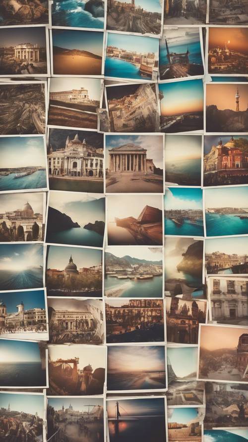 Pattern of polaroid photos showcasing diverse global destinations.